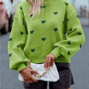 Green Heart Knit Sweater | Balloon Sleeve | St. Patrick’s Day | Oversized Fit